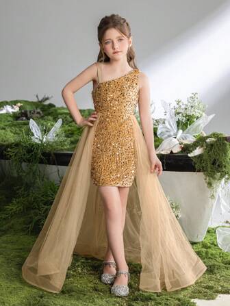 Tween Flicka Asymmetrisk Nacklinje Glittrande Klänningar Med Midja Nät Lapptäcke