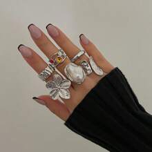 6pcs/Set Baroque Inspired Faux Pearl Flower Ring Set, Vintage Retro Bold Adjustable Cocktail Rings For Women