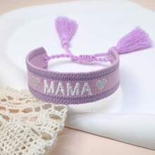 1pc Embroidered "MAMA" Heart Boho Tassel Braided Bracelet - Purple - View 5