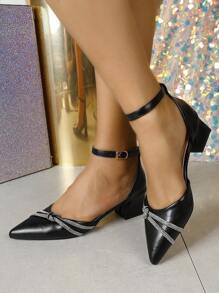 New Stylish Women Black Chunky Heels Pointed Toe Pumps, Slingback Mid Heel Sandals For Summer,Elegant,Party Outfits - Black - View 3