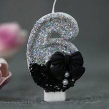 1 Pc Girl Style Black Collar Bow Pearl Theme Glitter Creative Number 0-9 Candles For Birthday Party Cake Decoration Atmospheric Feeling Birthday Baking Plug-In Decoration Suitable For Girls, Goddess,Princess Female Party Birthday Wedding Anniversary Celebration Supplies Gifts Graduation