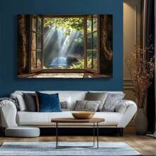 1pc  Wood Framed Waterfall And Forest View Canvas Art, Wall Decor For Office, Bedroom, Kitchen, Living Room - Graceful Light Luxury Style