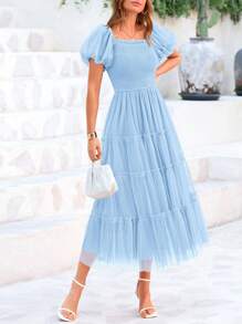 Valentine's Day Women's Pleated Mid-Length Tulle Dress Summer Puffy Short Sleeve Square Collar Ruffled Wedding Guest Party Dress - Light Blue - View 1
