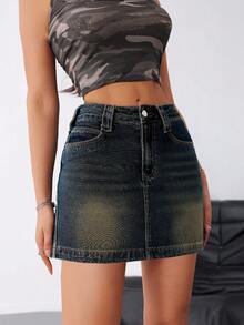 复古蓝色牛仔裙，美式时尚设计休闲宽松 A 字迷你裙 - 藍色 - 查看 5