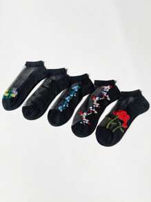 1/5 Pairs Random Women's Short Socks, Black Sheer Crystal Flower Embroidery Mesh Socks, Fashion Breathable Sweat-Absorbent Thin Socks For Spring And Summer, Best For Daily Wear - Multicolor - View 8
