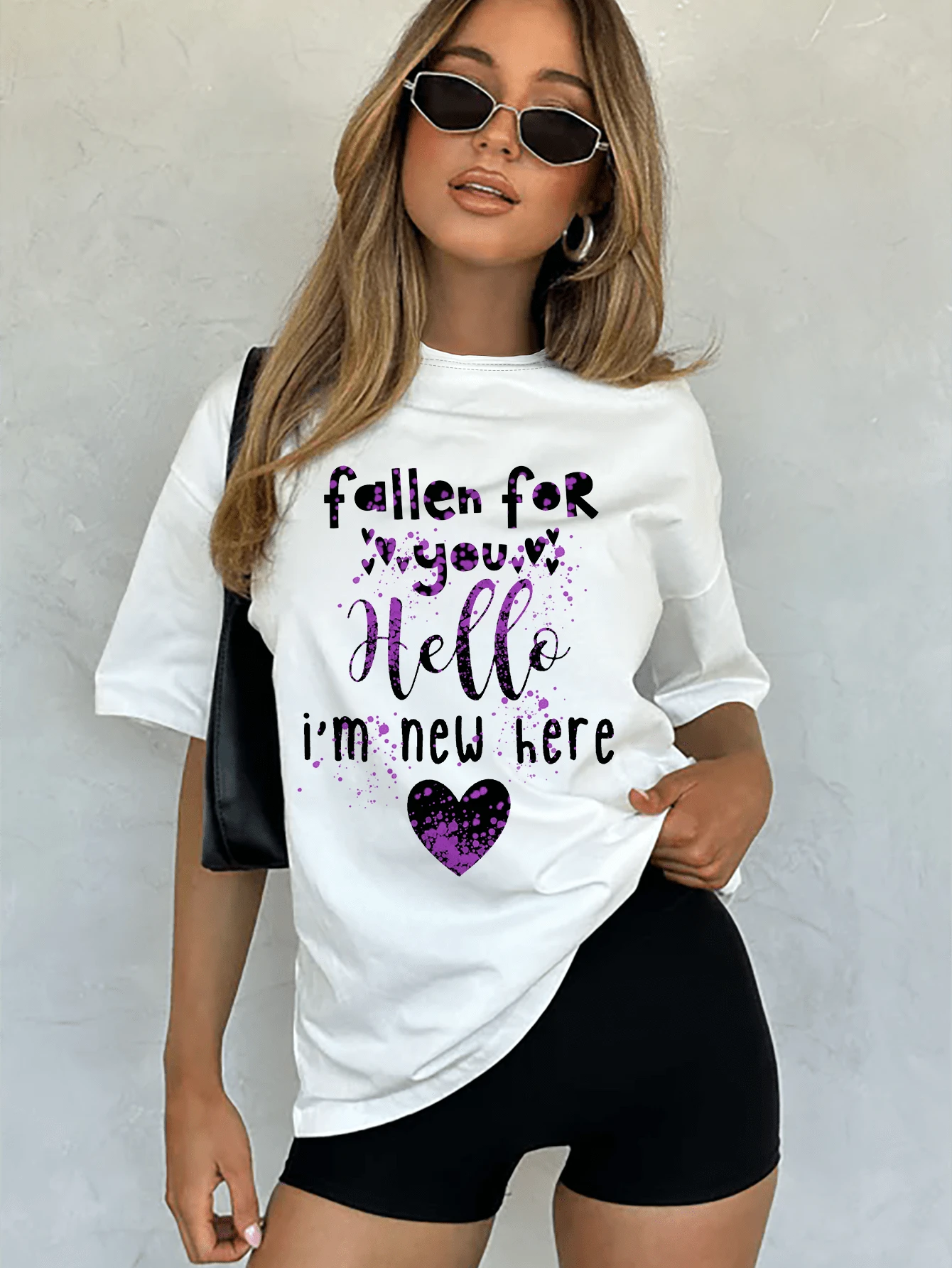 Women's Summer Purple Y2K Style Letter Pattern Casual Versatile Simple Solid Color Round Neck Short Sleeve T-Shirt - White - View 1