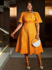 大码女士玫瑰提花泡泡袖A字毕业礼服，适合通勤、优雅鸡尾酒会、半正式舞会、生日、婚礼宾客、毕业典礼、晚宴、返校节等场合。 - 橘色 - 查看 8