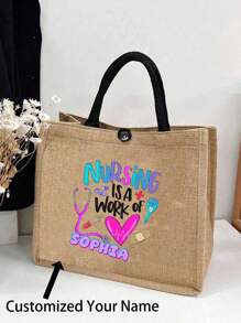 Personalized Nurse Doodle Makeup Bag, Customizable Birthday Celebration Tote Bag, Nurse Gift Ideas, Appreciation Gift, Stylish Shoulder Bag For Women's, Personalized With Name & State, Perfect, Stylish Linen-Colored Gift For Her