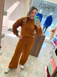 WOMEN'S WINTER MOUSSE KNITTING SET WITH PANTS AND BRAIDED BLOUSE - Camel - View 5
