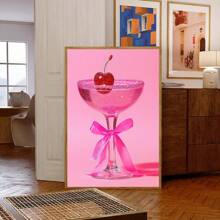 1 pièce Affiche sur canevas vintage art champagne cerise - Impression sur canevas de haute qualité, décoration murale verticale pour chambre à coucher, salon, bureau, dortoir ou salle de bain, sans cadre, design rétro art déco, fond rose, élégant verre à champagne avec cerise et ruban, décoration champagne