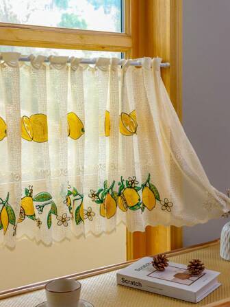 1pc New Fresh Minimalist Lemon Embroidered Small Curtain, Sheer Cafe Curtain, Short Partition Curtain With No-Drill