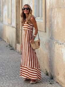 Fashionable Elegant Striped Print Maxi Slip Dress - Brown - View 3