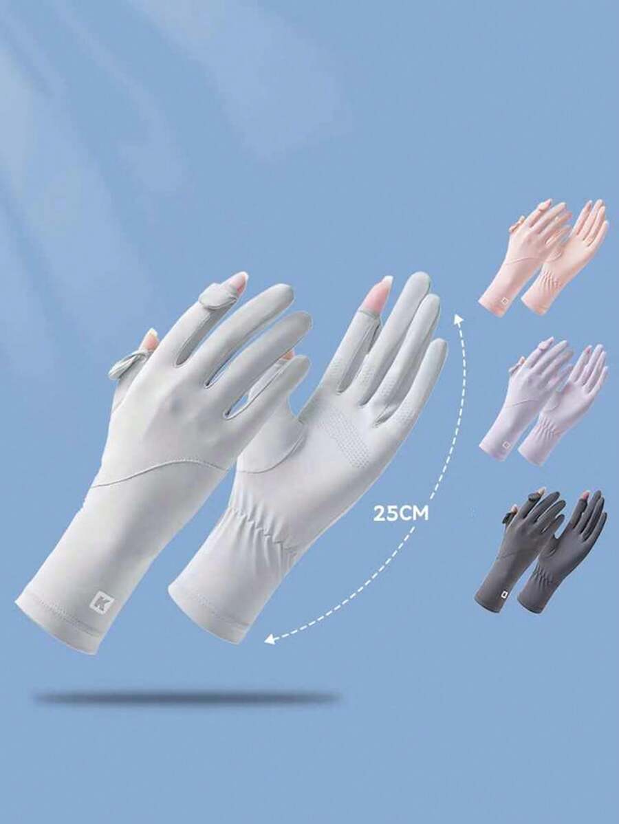 女士薄冰丝防晒手套，透气防紫外线露指驾驶手套，带触摸屏，夏季 - 彩色 - 查看 1
