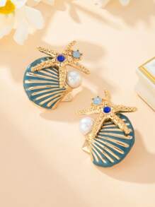 1 Set de joyas de lujo: collar con estrella de mar, aretes con conchas esmaltadas en azul, pulsera con caballito de mar de turquesa sintética, conjunto de joyas formales exageradas como regalo para la mejor amiga