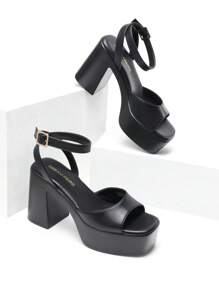 Women Fashion Chunky Platform High Heeled Sandals Open Toe Buckle Decor Ankle Strap Heeled Sandals For Daily Wearing Party Prom - 黑色 - 查看 1