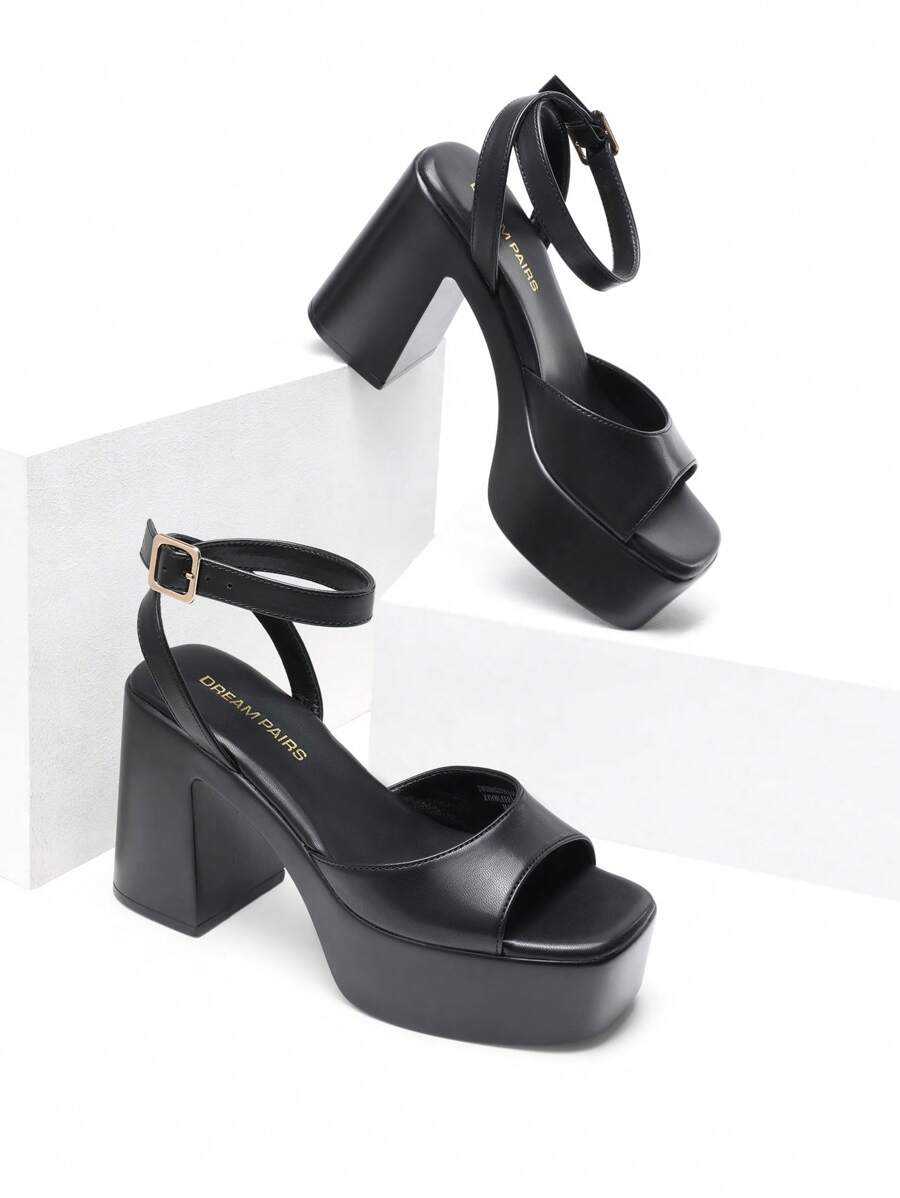 Women Fashion Chunky Platform High Heeled Sandals Open Toe Buckle Decor Ankle Strap Heeled Sandals For Daily Wearing Party Prom - 黑色 - 查看 1