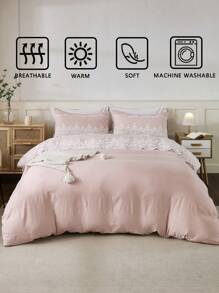 Juego de funda nórdica de 3 piezas con encaje semitransparente de color rosa pálido (1 funda nórdica + 2 fundas de almohada, sin edredón incluido), estilo romántico, rústico y bohemio, hecho de tela de poliéster, cómodo y transpirable, adecuado para todas las estaciones, ideal para dormitorio, decoración del hogar y regalo, elegante juego de ropa de cama.