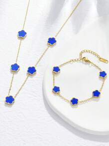 4 Pcs Stainless Steel Europe And The United States Fashion Popular High-Grade Light Luxury Feeling Sleep Creative Personalized Five-Leaf Flower Necklace Set Girls Daily Wear