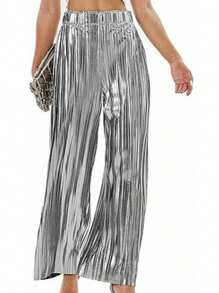 Women's Solid Color Elastic Waist Silver Pleated Wide Leg Pants - Silver - View 1