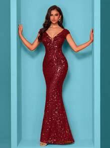 BluePlum Đầm dài mùa hè cao cấp chất lượng, chất liệu co giãn, đính sequin, cổ chữ V, tay ngắn, thiết kế đuôi cá, màu trơn, thanh lịch và sang trọng dành cho nữ, giúp phái nữ trẻ trung và quyến rũ hơn, phù hợp cho nhiều bữa tiệc, lễ tốt nghiệp, đám cưới, sự kiện và các buổi tiệc khiêu vũ, đầm dạ hội trang trọng dành cho nữ (phiên bản cao cấp), đầm dự tiệc, đầm dự đám cưới, đầm dạ hội mùa xuân. - Màu Đỏ Sâu - Xem 4