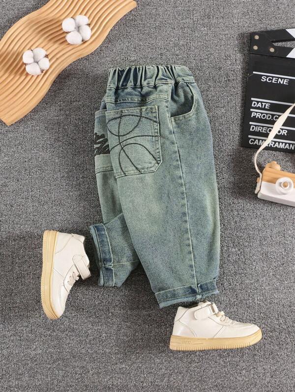 Young Boy Loose Basketball Embroidery Casual Denim Jeans Pants, Suitable For Spring