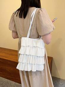 1 Pc White Fabric Casual Fresh Style Foldable Multi-Layer Pleated Open Tote Bag, Large Capacity Suitable For Women In Spring/Summer, College Student School Bag, Teenage Girls Outdoor Shopping Handbag For Phones, Wallets, Lipsticks, Keys, Tissue, Storage Pouch, Fashion Item