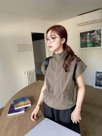 Jachetă cu mânecă scurtă pentru femei, pentru toamnă/iarnă, nouă la modă, culoare solidă, guler mandarin unic, mâneci bufante, mânecă scurtă ușoară și lejeră, potrivită pentru călătorii în aer liber, drumeții, naveta zilnică, stil versatil