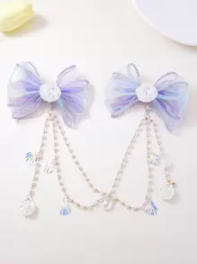 1 Pair Girls/Teens Mermaid Shell Bow Pearl Tassel Princess Cute Dance Performance Headband Hair Clips Hair Accessories - Purple - View 6