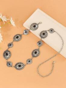 Cadena de cintura ajustable de mujer elegante y vintage de tono plateado, hecha a mano. Cinturón de cintura de aleación de zinc con gemas y estampado de lunares de unicolor, adecuado para uso diario, fiestas, citas, primavera/verano/otoño/invierno.