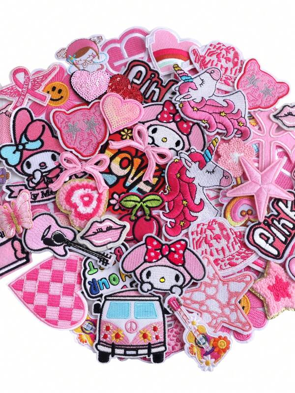 20pcs/30pcs/50pcs/Set Pink Star, Bow, Cross, Lettering Embroidered Iron-On Patches, Unique Design For DIY Clothing & Accessories - Hats, Jeans, Jackets & More, Adorable Cartoon Embroidered Appliques