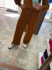 WOMEN'S WINTER MOUSSE KNITTING SET WITH PANTS AND BRAIDED BLOUSE - Camel - View 4