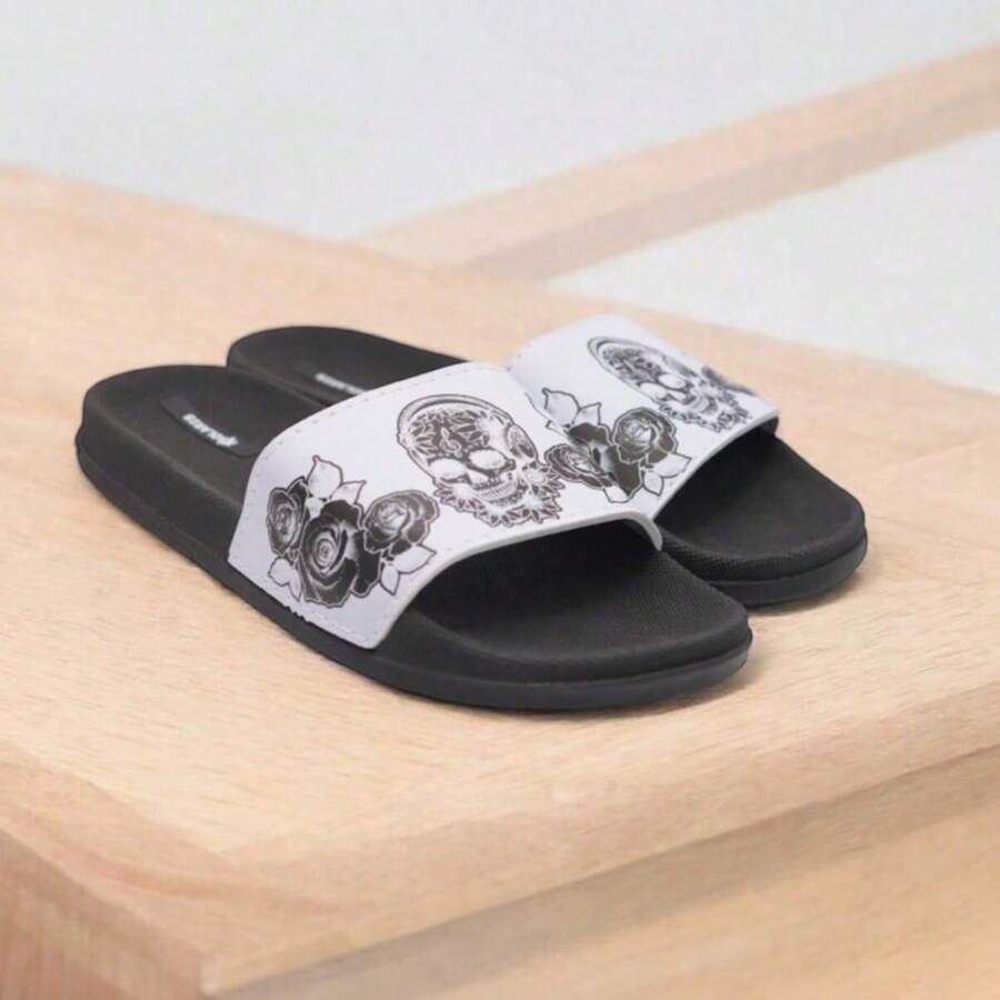 Men's Printed Slide Flip Flops - 白色骷髏 - 查看 1