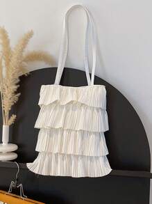 1 Pc White Fabric Casual Fresh Style Foldable Multi-Layer Pleated Open Tote Bag, Large Capacity Suitable For Women In Spring/Summer, College Student School Bag, Teenage Girls Outdoor Shopping Handbag For Phones, Wallets, Lipsticks, Keys, Tissue, Storage Pouch, Fashion Item