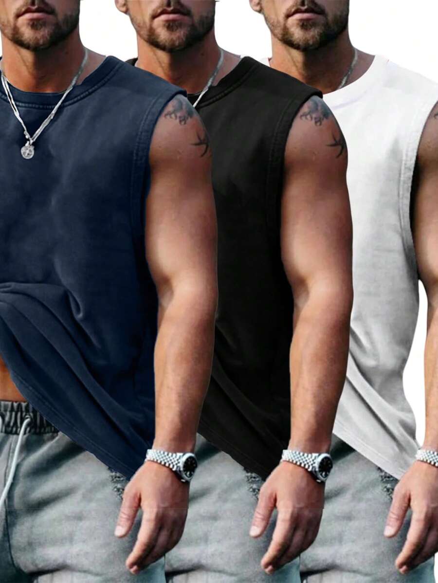 3pcs/Set Men's Summer Casual Solid Color Tank Tops - Multicolor - View 1