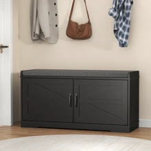Shoe Cabinet, Entryway Storage Bench, 2 Tier Shoe Cabinet White Entryway Bench With Soft Seat And Barn Door, Ultra-Thin Shoe Cabinet Bench For Entryway, Living Room, Bedroom - màu đen - Xem 4