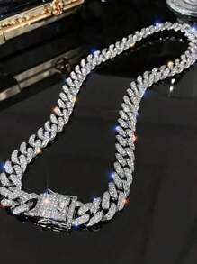 1 pieza Collar brillante de estilo hip hop europeo y americano de moda para hombres, adecuado para fiesta, citas y uso diario - Plateado - Ver 12