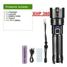 Linterna recargable LED | Linterna de 15000 lúmenes con chip XHP360 | Linterna impermeable IP67 y zoom | Linterna táctica con 5 modos de iluminación para acampada, senderismo, pesca y emergencias