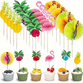 40pcs Tropical Luau Cupcake Toppers Glitter Palm Tree Flamingo Pineapple Aloha Cupcake Picks Decorations For Hawaiian Luau Theme Birthday Party Supplies