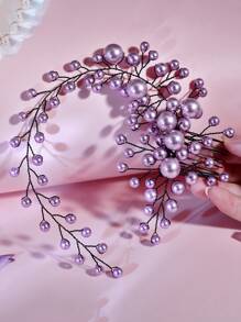 1pc Luxurious & Romantic French Style Purple Faux Pearl Elegant Women's Headband Decor, Suitable For Festivals, Parties, Banquets, Everyday & Travel - Violet Purple - View 7