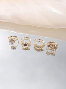 Set de 4 anillos de dedo del pie de mujer con diseños personalizados de corazón y geométricos con rhinestones brillantes, juego de joyas como regalo