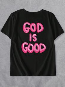 Große Größen "Gott ist gut" Christlicher Frauen Rundhals Kurzarm T-Shirt, bequeme lässige Passform, rosa Schriftzug Grafik vorne und hinten, minimalistische Stil Bekleidung