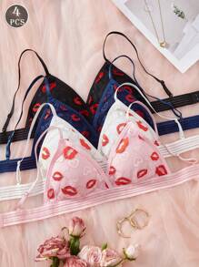 4PCS Ladies Sexy Two-Color Lace Bikini Cute Bra, Lip Print, Detachable Chest Pad, Comfortable Wireless Bra Underwear.
