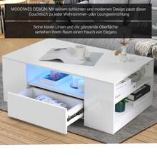 OYAJIA Small 2-Tier Wooden Coffee Table With Storage Shelf, 16-Color LED Lights, Super Stability, High Gloss White, 5 Open Shelves & 2 Drawers, Modern Rectangle Design - White - View 6