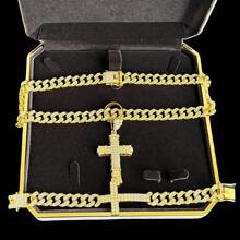 Juego de collar, pulsera, colgante de cruz y anillo con incrustaciones de cristal tipo cubana, diseño clásico de broche de barba chapado en oro, incrustación de strass de 13 mm, estilo de moda callejera de hip-hop, disponible en colores oro y platino, múltiples tallas