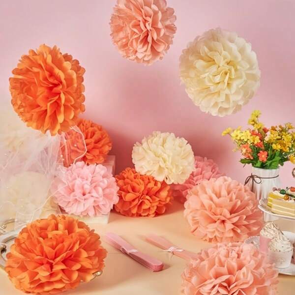 Set van 16 stuks oranje en roze fluweelzachte pompons van vloeipapier, decoratieve bloemen van vloeipapier voor verjaardagsfeestjes, bruidsdouches, bruiloften, vrijgezellenfeesten, lente-/zomerevenementen, knutselspullen, geen elektriciteit nodig, zonder veren