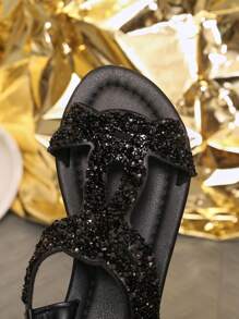 女士最新时尚钻石镶嵌平底凉鞋