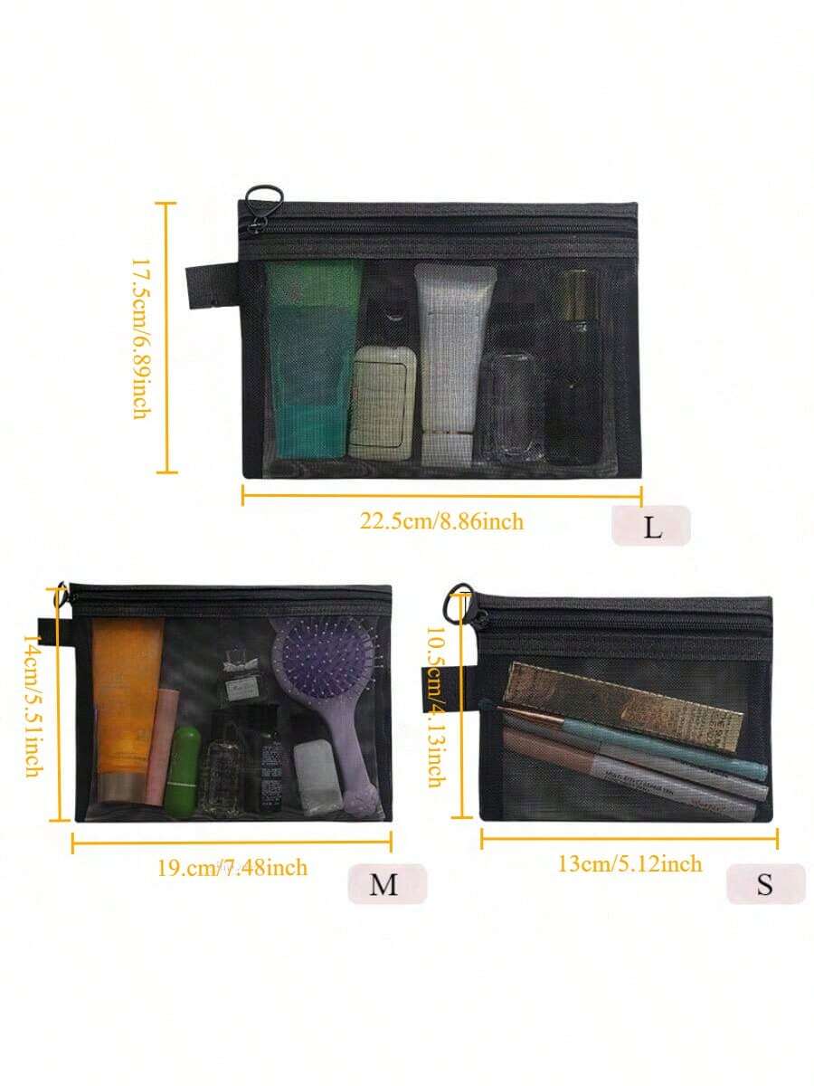 3 件套 灰色 开学季 黑色拉链 手提 轻便便携 大容量化妆包 化妆包 网眼透明 口红收纳包 护肤品收纳 旅行尼龙洗漱包 网眼物品收纳袋 文件袋 文件袋 适合学生女生 新年礼物 - 彩色 - 查看 1
