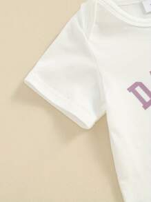 Baby Girls Shorts Set, Short Sleeve Letters Print Romper Elastic Waist Shorts With Hairband Summer Outfit - Purple - View 5