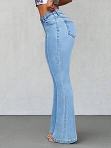 女式简约前扣口袋牛仔裤，休闲日常穿着