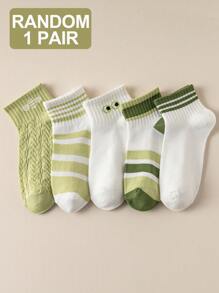 Fresh Green & White Stripe, Eye & Bee Pattern Comfortable Breathable Sweat-Absorbent Casual, Campus, Sports Socks For Women, Spring/Summer